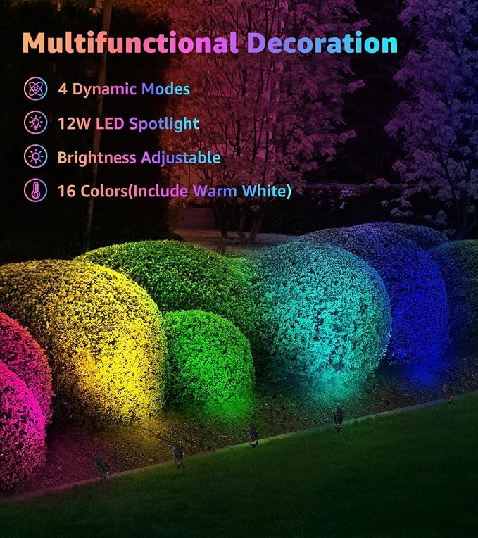 SUNVIE Spot Lights Outdoor 12W RGBW Color Changing Landscape Lights with Remote Control 120V RGB Landscape Lighting Waterproof Outdoor Spotlights for Yard Garden Patio Lawn Decorative, 4 Pack