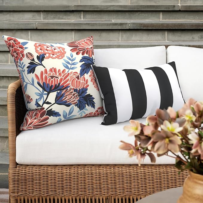 Outdoor 16x16 Inch Throw Pillow Covers Set of 2, Covers ONLY, All Weather Square Pillow Cases, Patio Cushion Pillow of Home Furniture Use, Red Chrysanthemum