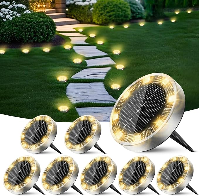 Solar Ground Lights Outdoor, 8 Pack Flat Solar Powered Disc Lights, IP68 Waterproof, Anti-Rust, Landscape Lighting for Pathway Garden Yard Lawn Walkway Landscape Driveway, Mini, Warm White