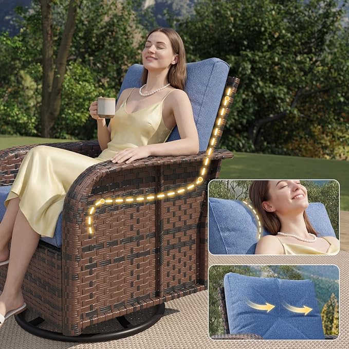 LazySunsets 3 Piece Outdoor Patio Furniture Set, Wicker Rattan Outdoor Furniture with High Back Swivel Rocker Chairs, Outdoor Sofa Set with Thick Cushions & Side Table, Navy Blue