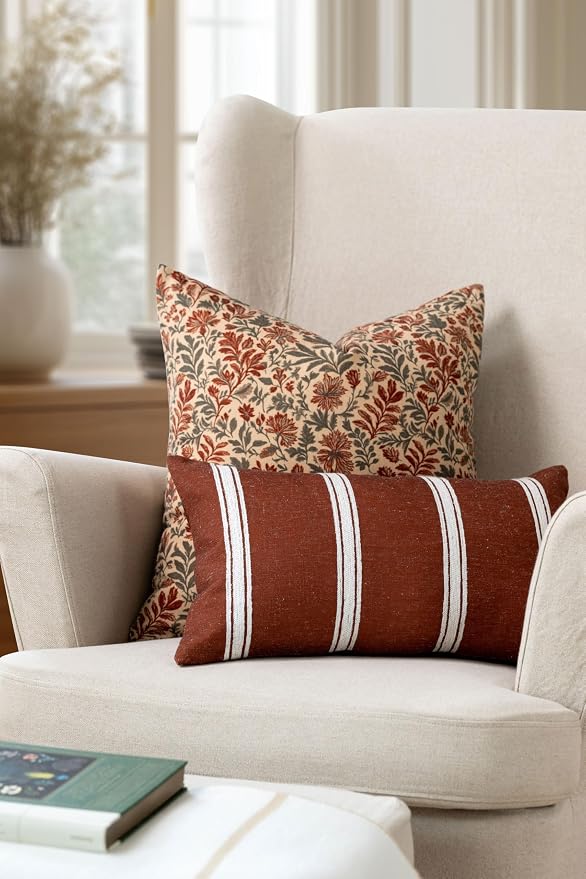 Modern Farmhouse California Casual Indoor Outdoor Throw Pillow Cover, 20"x20" Water Repellent for Patio, Backyard, Couch, Poolside, Rust Orange Print Sketch Botanical Flowers and Leaves