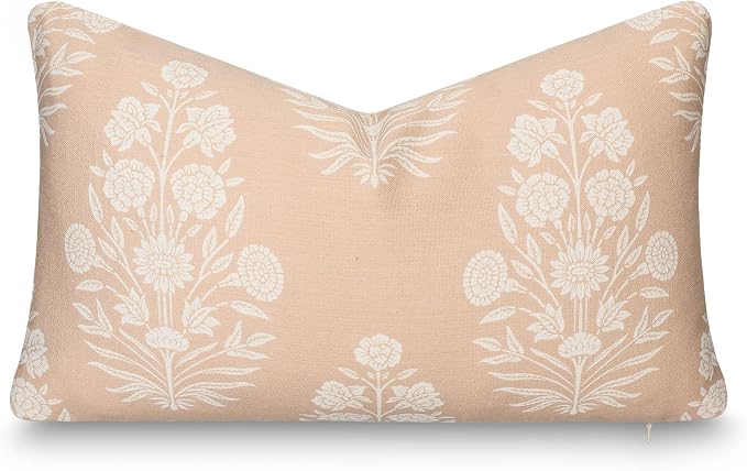 Modern Farmhouse California Casual Indoor Outdoor Lumbar Pillow Cover, 12"x20" Water Repellent for Patio, Backyard, Couch, Poolside, Ivory Cream Tan Print Floral