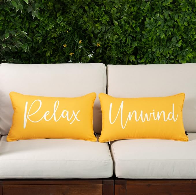 Hofdeco Porch Patio Indoor Outdoor Lumbar Pillow Cover ONLY for Backyard, Couch, Sofa, Yelllow Relax Unwind, 12"x20", Set of 2