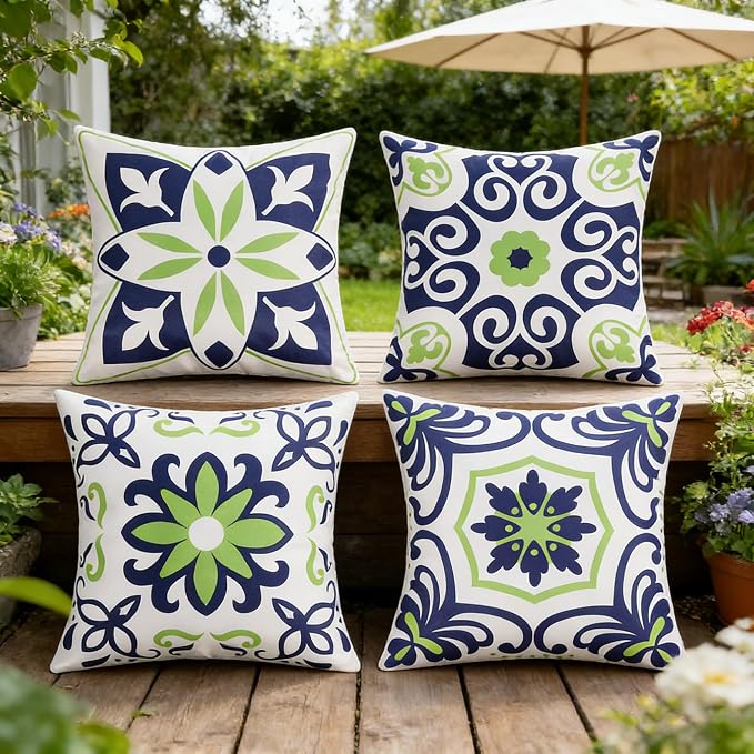 Pyonic Navy Blue and Green Outdoor Pillow Covers 16x16 Set of 4 | Spring Summer Foral Waterproof Throw Pillow Covers for Patio Furniture Garden Porch Tent