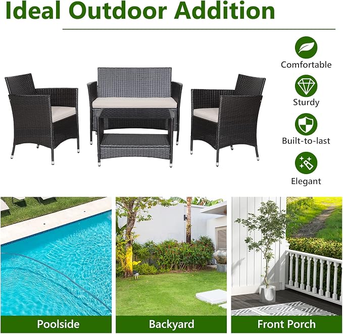 HAPPYGRILL 4 Pieces Rattan Patio Furniture Set, Mix Brown Wicker Sofa Set with Soft Seat Cushions, 2-Tier Tempered Glass Coffee Table, Outdoor Rattan Conversation Set for Backyard Poolside