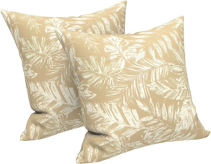 LVTXIII 2 Pack Outdoor Pillows 18x18 Inch, Square Throw Pillows with Inserts, Decorative Water-Repellent Pillow Cushions for Patio Furniture and Garden Sofa, Tropical Leaf Oat