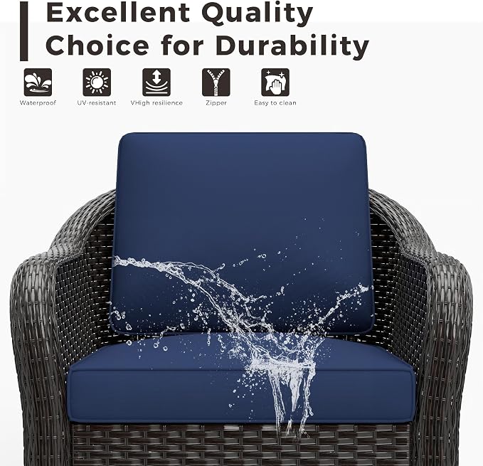 5 Pieces Outdoor Patio Rattan Conversation Furniture Set with Cushions, 78" 3-Seat Wicker Sofa, 55" 2-Seat Couch, 2 Armchairs, Metal Coffee Table for Garden (Navy Blue)