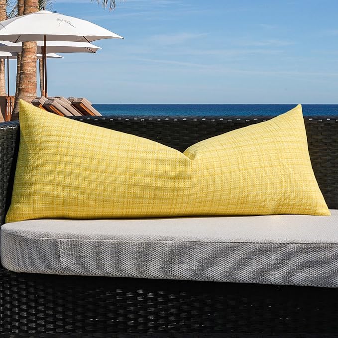 Kevin Textile Outdoor Waterproof 14"x36" Lumbar Pillow Cover 1 Pack Yellow | Water Resistant, Faux Linen Yarn-dyed, Woven Texture Throw Pillow Covers for Tent Patio Garden Couch Sofa