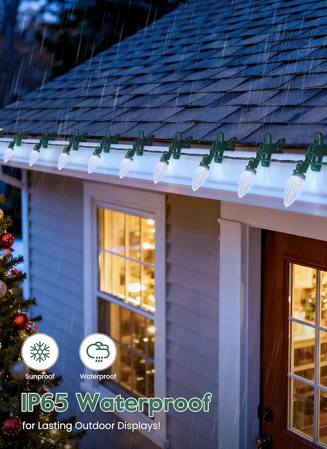 C9 Christmas Lights Outdoor, 102FT 150 LED String Lights with Spring Clips | Waterproof Connectable Commercial Grade Christmas Tree Lights for Outside Roofline Patio Yard Home Xmas Decor, Pure White