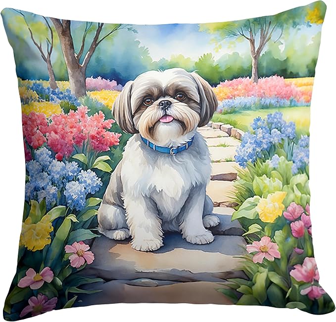 Caroline's Treasures Shih Tzu Spring Path Throw Pillow Machine Washable, Indoor Outdoor Decorative Pillow for Couch, Bed or Patio, 18Hx18W