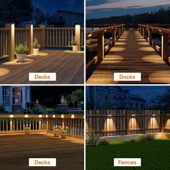 Solar Deck Lights Outdoor 8 Pack, IP65 Waterproof Large Size LED Stair Lights with Lenses, Auto ON Off Warm White Step Lights for Outside, Deck, Patio, Fence, Yard, Pathway and Railing Decor