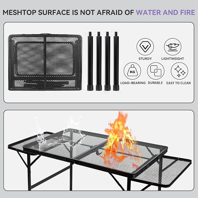 BRIAN & DANY 3x2 FT Camping Table with 2 Wing Panels, Folding Grill Table, Metal Portable Picnic Table, Lightweight Height Adjustable Foldable Table for Outdoor, Black