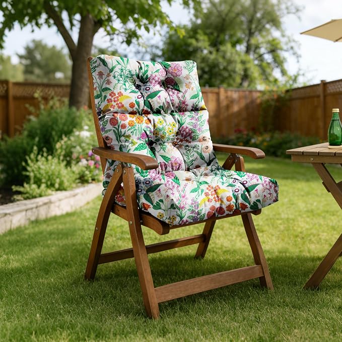Tufted High Back Adirondack Chair Cushion 45"x21"x4",Floral | Patterned outdoor cushion with ties; premium padded design fits garden rocking chairs, multiple color options available