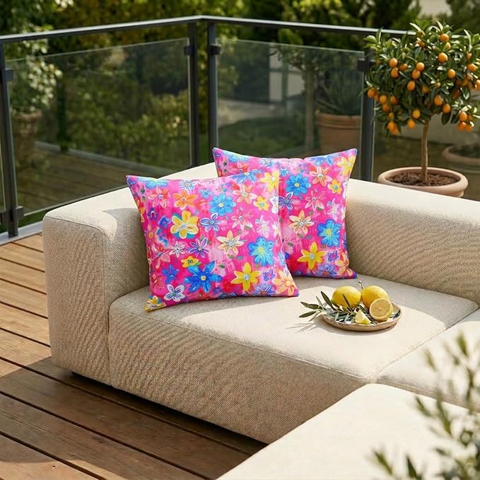 ONWAY Outdoor Floral Pillow Covers 18X18 inch Set of 2 Waterproof Yellow and Blue Flowers Pink Decorative Throw Pillowcases for Patio Furniture Garden Spring Summer Cushion Cover