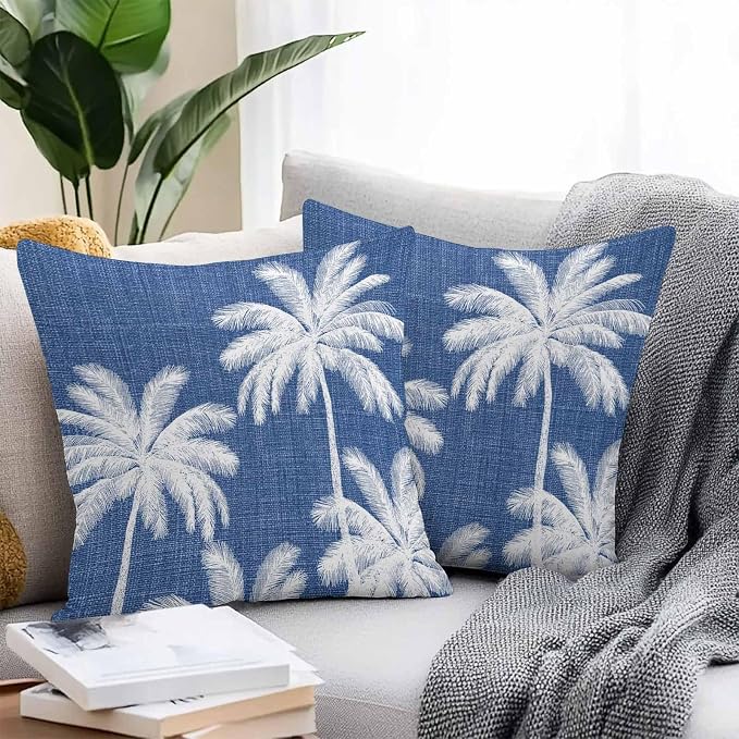 Outdoor Pillow Covers 16x16 Inch Set of 2, Navy Blue Palm Trees Waterproof Throw Pillow Covers, Farmhouse Tropical Summer Beach Decorative Cushion Pillowcases for Couch, Sofa, Bed, Garden, Patio
