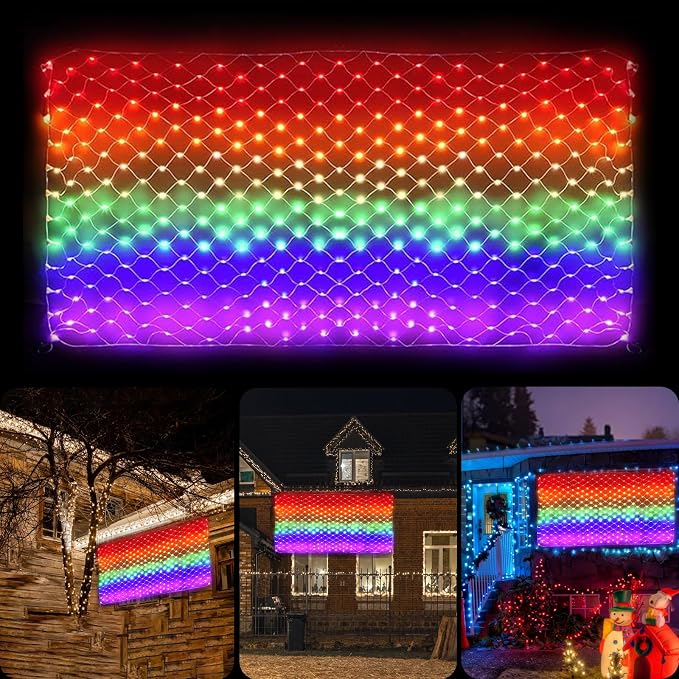 LGBTQ Pride Flag Outdoor 6.6 x 3.3 Foot, 8 Modes Rainbow String Lights with 384 Super Bright LED, Vivid Colors Waterproof Pride Decorations, Progress Pride Flag for Pride Month, Room, Party and Yard
