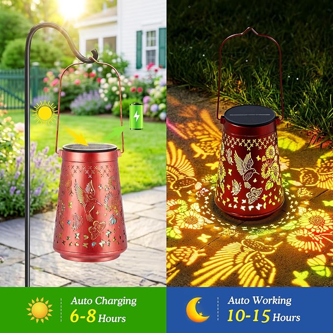 2 Pack Hummingbird Solar Lanterns Outdoor Solar Lights | Sunflowers and Butterflies, Metal Hanging Lights for Patio, Pathway, and Yard, Garden Decor Gifts for Women, Mom & Grandma