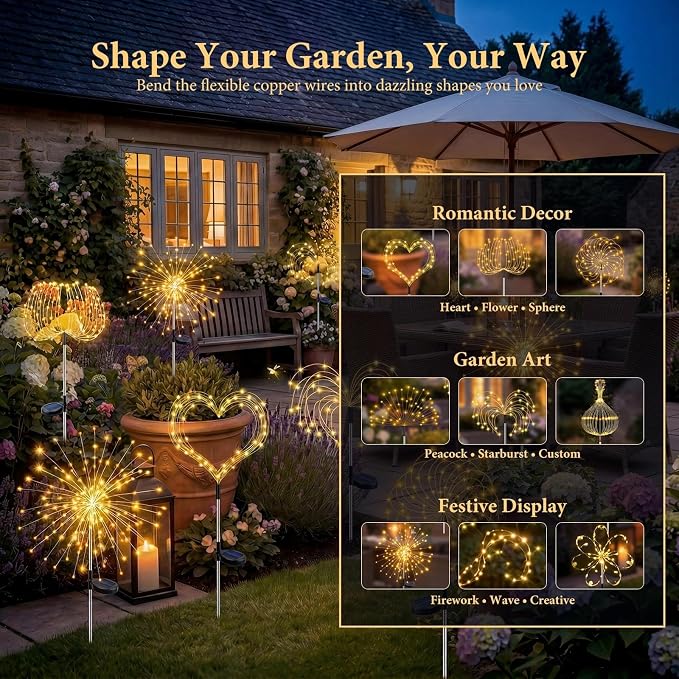 Solar Firework Lights, 6 Pack 120 LEDs 8 Lighting Modes Solar Fairy Garden Lights Outdoor Waterproof for Yard Patio Walkway Pathway Party Wedding Balcony Decorative- Warm White