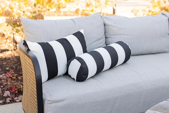 RSH DECOR Set of 6 Outdoor Pillow with Polyester Pillow Cases, Water & Fade Resistant Fabric, 17" Square, 20x12 Lumbar, 20x6 Neck Roll - Black & White Stripes