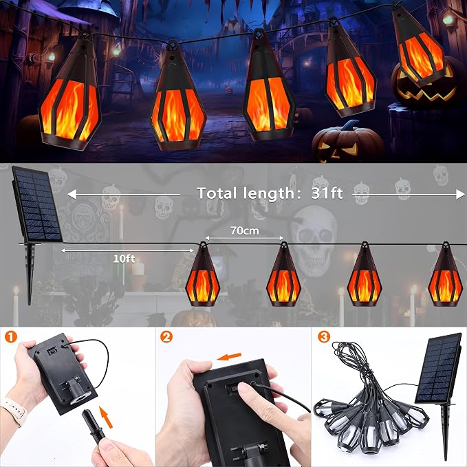Solar String Lights for Outside, 21Ft Solar Gazebo Lights with 10 Flickering Flame Light Bulbs, Waterproof Red Solar Powered Outdoor Light for Garden Blackyard Patio porch Bistro Cafe Halloween Decor