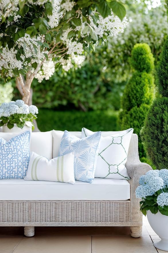 Hofdeco Premium Grandmillennial Coastal Hampton Patio Indoor Outdoor Throw Pillow Cover Only, 20"x20" Water Repellent for Backyard, Couch, Poolside, Baby Blue Print Abstract Plam Leaves