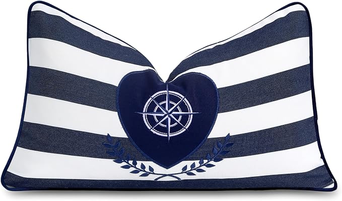 Hofdeco Premium Coastal Outdoor Performance Lumbar Pillow Cover Only, 12"x20" Water Repellent, UV and Fade Resistant for Backyard, Couch, Poolside, Navy Blue Embroidered Nautical Yacht Stripe