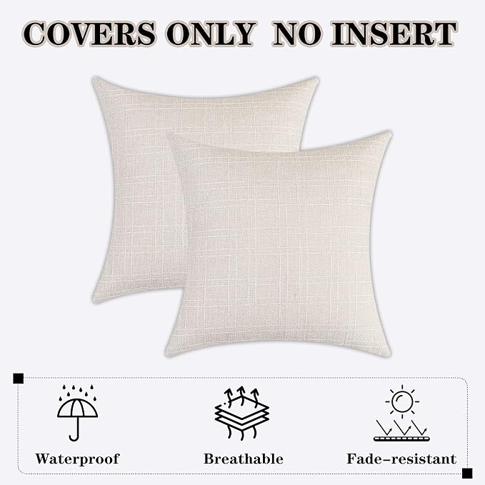 Kevin Textile Outdoor Waterproof 26”x26” Pillow Covers 2 Pack, Light Beige | Water Resistant, Soft Faux Linen-cotton Yarn-dyed Woven Texture Throw Pillow Covers for Tent Patio Garden Couch Sofa