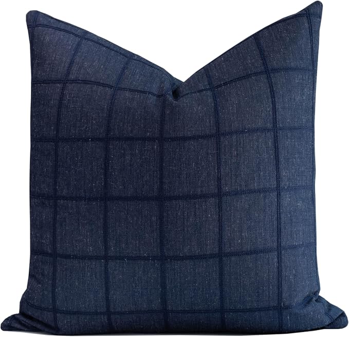 Coastal Linen Indoor Outdoor Throw Pillow Cover Only, 22"x22" Water Repellent for Patio, Backyard, Couch, Dark Navy Plaid