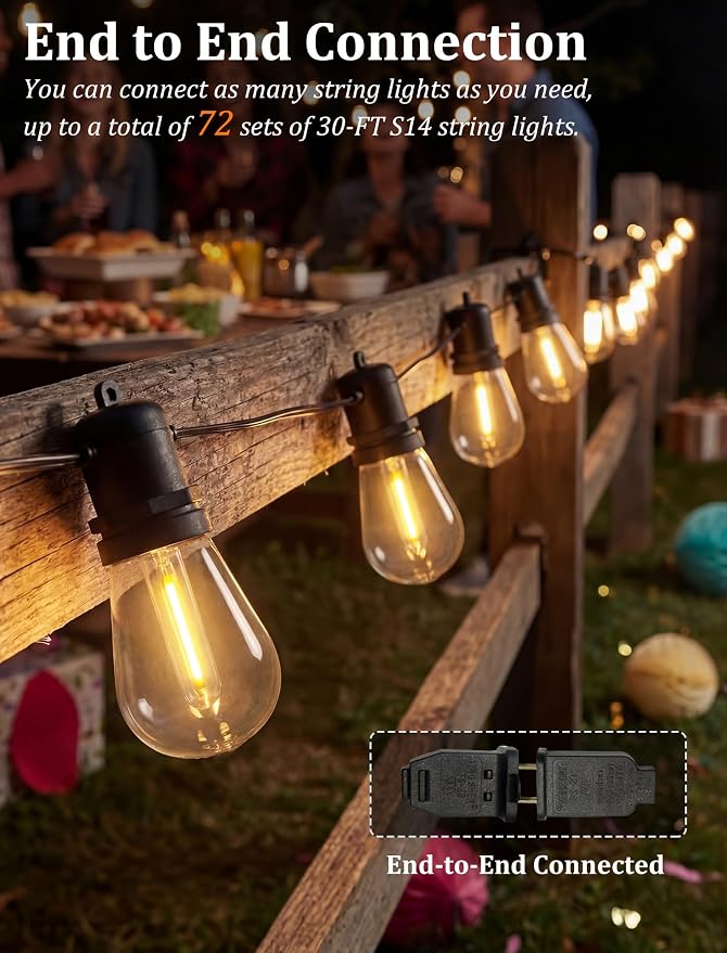 S14 Outdoor String Lights 30FT with 11 Clear LED Bulbs, Black Wire | Connectable Commercial Grade Patio Lights, UL Listed, IP65 Waterproof, 2700K Shatterproof Bulbs, for Backyard, Porch, Bistro
