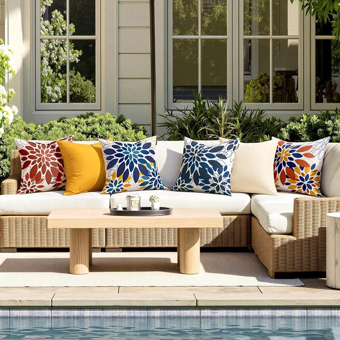 Floral Outdoor Pillow Covers Navy Blue 18x18 Set of 2 | Waterproof Throw Pillow Cases Spring Decorative Summer Cushion Covers for Patio Furniture Garden Bench Porch Sofa