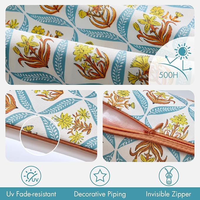 ANRODUO Floral Outdoor Waterproof Pillow Covers Set of 2 Orange 16x16 Inch | Square Block Print Decorative Cushion Cases With Refined Edge Piping for Summer Patio Porch Garden Couch Sofa Bench Decor