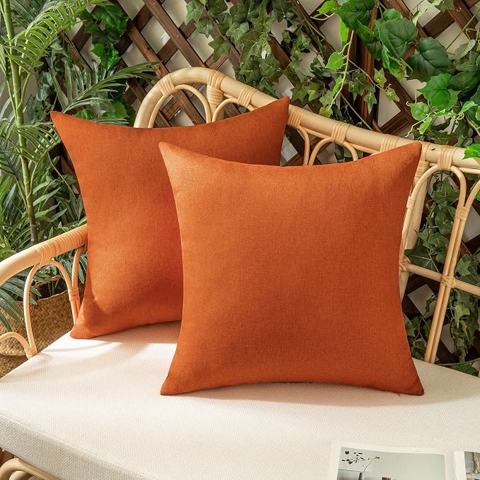 Outdoor Waterproof Throw Pillow Covers Orange 20x20 Set of 2 | Decorative Farmhouse Linen Pillowcases Solid Cushion Cases for Patio Tent Balcony Couch Sofa Living Room