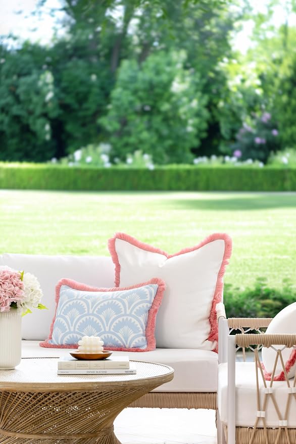 Hofdeco Premium Coastal Grandmillennial Patio Indoor Outdoor Lumbar Pillow Cover Only, 12"x20" Water Repellent for Backyard, Couch, Poolside, Baby Blue Pink Print Tropical Ravenala Palm Tree