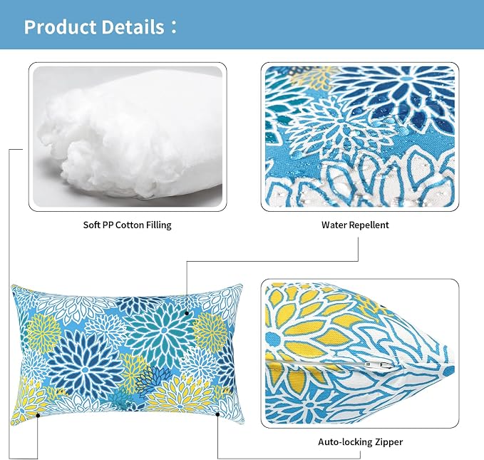Outdoor Lumbar Pillows 12x20 inch, Rectangle Throw Pillows with Inserts, Decorative Lumbar Cushions for Patio Furniture Garden Couch Home Sofa Office Chair, Pack of 2, Dahlia Blue
