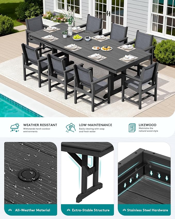 SERWALL 10 Piece Outdoor Dining Set with 15ft Triple-Head Foldable Umbrella(Based not Included), 84" HDPE Outdoor Large Table and Textilene Sling Chairs for 8, Black