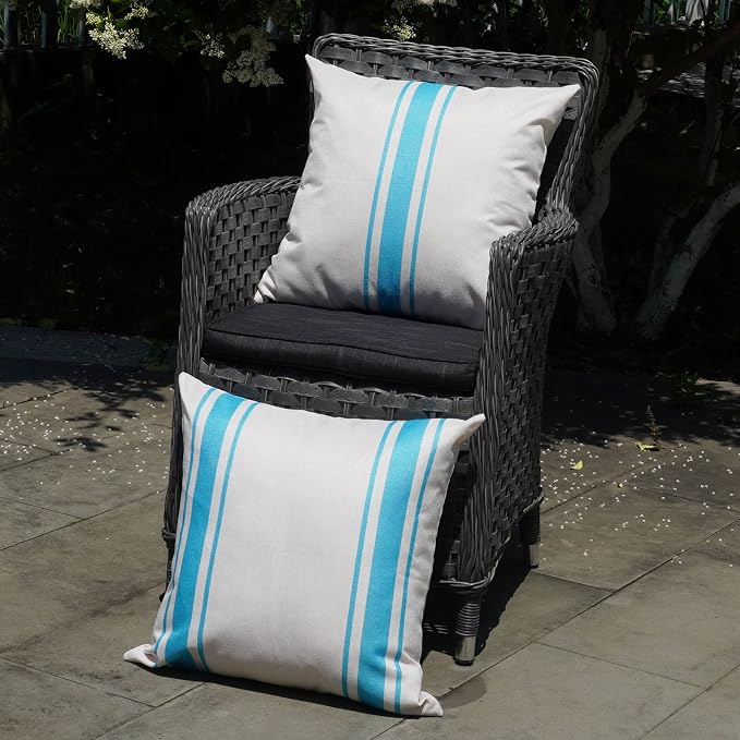 ONWAY Outdoor Pillow Covers Waterproof 20x20 Set of 2 Decorative Linen Throw Pillow Cover Beige and Blue Striped Outdoor Pillows for Patio Furniture