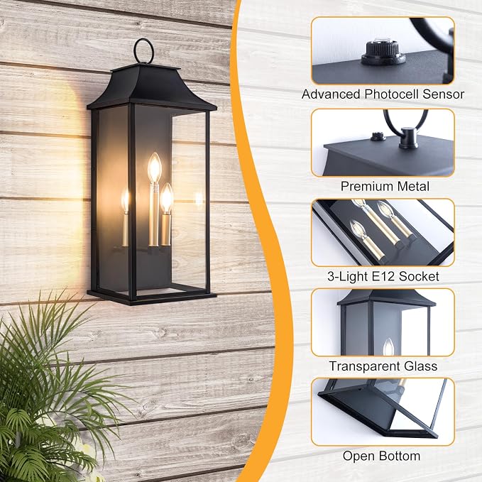Dusk to Dawn Outdoor Wall Light, Black, 25.3", Aluminium | Large Outdoor Light Fixture, Black Exterior Wall Lantern, Waterproof Outside Wall Sconce for House Porch Patio