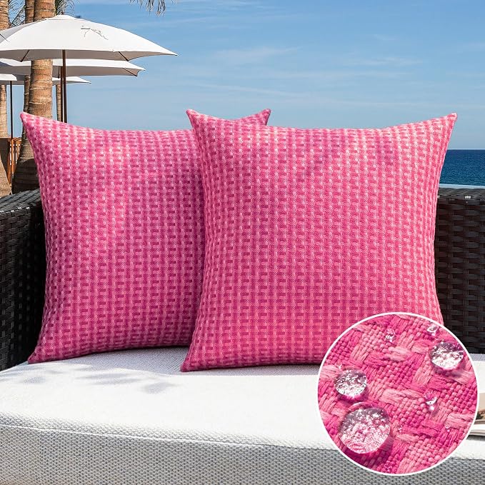 Kevin Textile Outdoor Waterproof 18"x18" Pillow Covers 2 Pack, Hot Pink | Water Resistant Weaving Faux Linen Texture Throw Pillow Covers, Outside Decorative Pillowcases for Garden Patio Balcony Couch