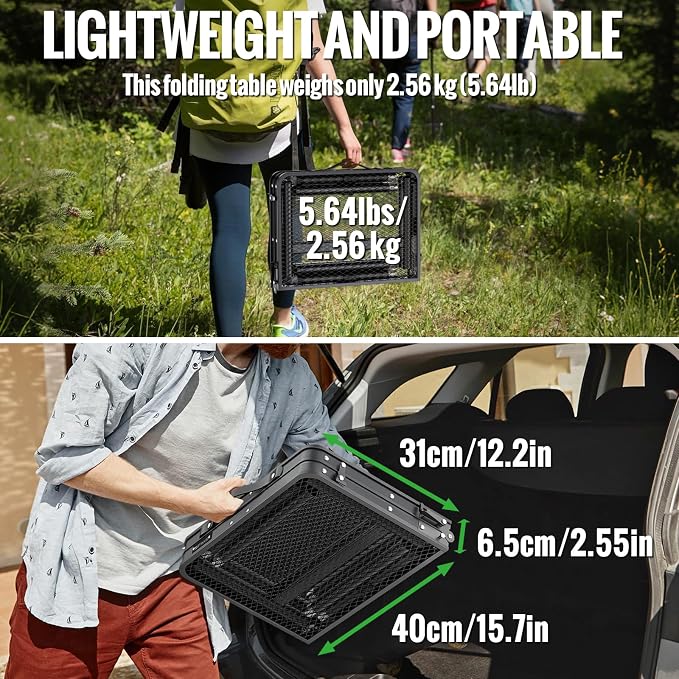 GARLLEN Folding Grill Table, 3 Adjustable Height Lightweight Camping Table with Heat-Resistant Tabletop, Portable Aluminum Outdoor Table for BBQ, Picnic, 23.6" L x 15.7" W, Threaded Install, Black