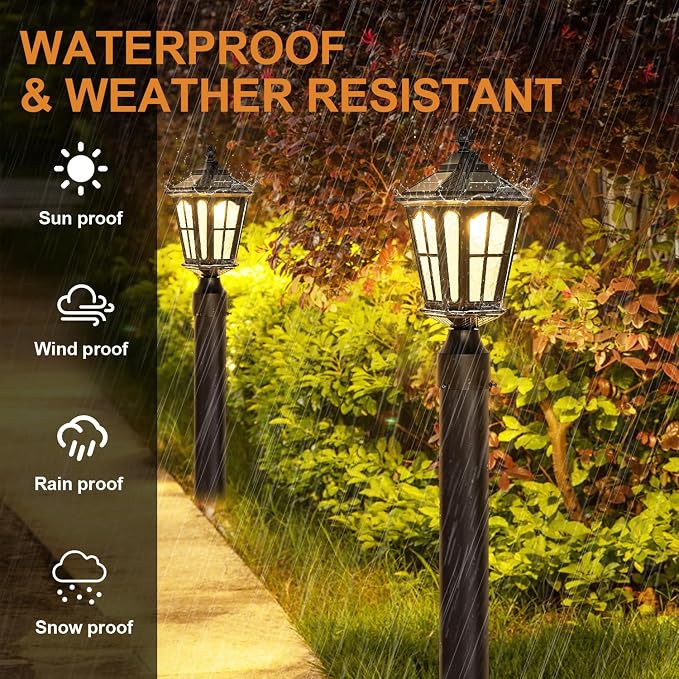 2 Pack Outdoor Solar Lamp Post Light with Pier Mount Base, Dusk to Dawn Aluminium Classic Exterior Pole Lamps with Water Ripple Glass, Solar Pillar Lights for Fence, Gate, Driveway, Black
