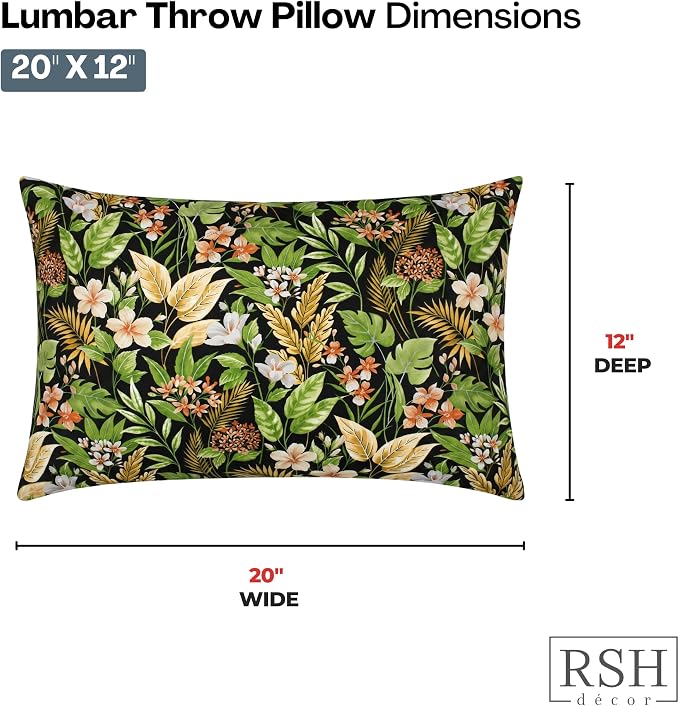 RSH DECOR: Lumbar Throw Pillows Set of 2 | 20” x 12" | All-Weather Spun Fabric | Outdoor Support Pillows for Patio Furniture | Made in USA (Carena Ebony)