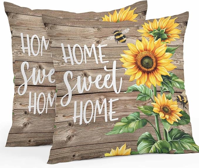 Throw Pillow Covers 26x26 Inch Set of 2, Sunflower Brown Waterproof Outdoor Pillow Covers, Farmhouse Bee Country Wooden Grain Decorative Cushion Pillowcases for Couch, Sofa, Bed, Garden, Patio