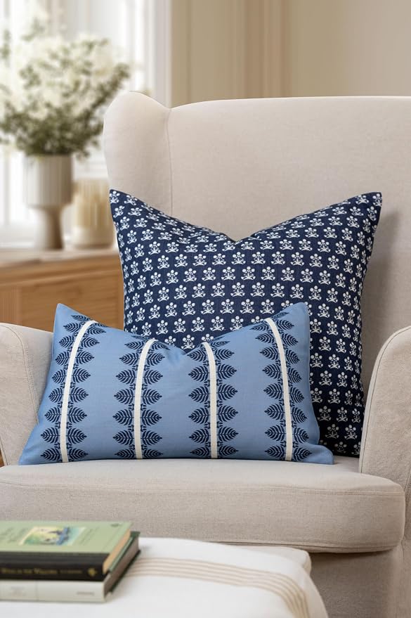 California Casual Coastal Indoor Outdoor Lumbar Pillow Cover, 12"x20" Water Repellent for Patio, Backyard, Couch, Poolside, Dark Navy Blue Print Leaves Stripes