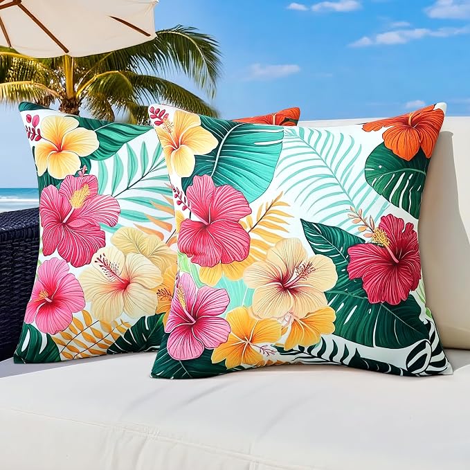 Outdoor Pillow Covers 20x20 Inch Set of 2, Tropical Floral Plants Boho Throw Pillows Cases Waterproof Square Garden Cushion Sham for Patio Funiture Tent Balcony Bench Sofa Couch, Yellow Green
