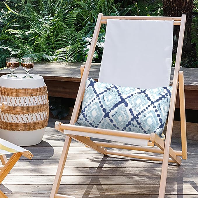 Outdoor Lumbar Pillow Covers 12”x20”, Rectangle Throw Pillow Covers for Patio Furniture, Decorative Lumbar Cushion Case for Garden Balcony Couch Office Chair, Pack of 2, Boho Geometry Blue