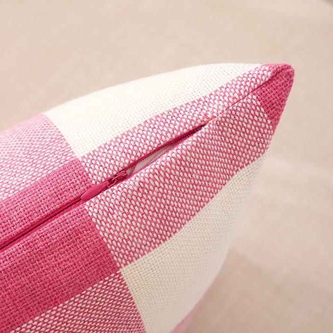 CARRIE HOME Pink Buffalo Plaid Couch Pillow Covers 18x18 Set of 2 Outdoor Hot Pink Decorative Farmhouse Checkered Linen Throw Pillow Covers 18 x 18 for Bed Room Couch Patio and Yard