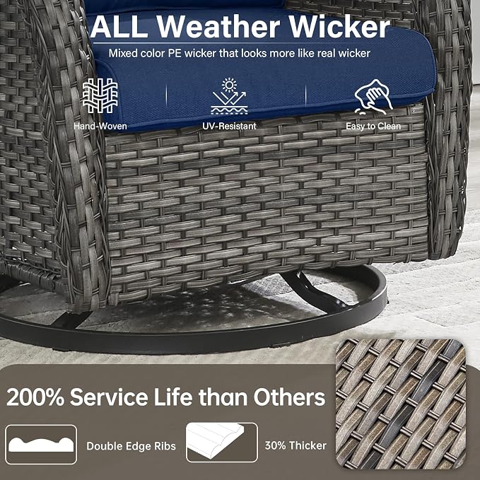 Outdoor Swivel Rocker Patio Chairs with 2 Ottomans - 5" Thick Cushion 4 Piece Furniture Set All Weather Comfortable Wicker Conversation Set for Porch Poolside and Deck - Gray/Blue