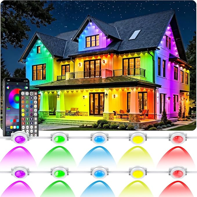 RCUICA 200FT Permanent Outdoor Lights Waterproof with Smart App Control Remote,DIY Scene Modes,Music Sync hronization,Eaves Lights for Garden Decor,Deck,Christmas