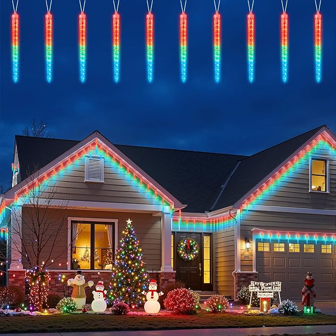 Brightown Christmas Icicle Lights Outdoor, 20Ft Meteor Shower Lights with 20 Large Tube 480 LED Dropping Effect, Waterproof Icicle Christmas Decorations for House Eave Roofline, Multicolor
