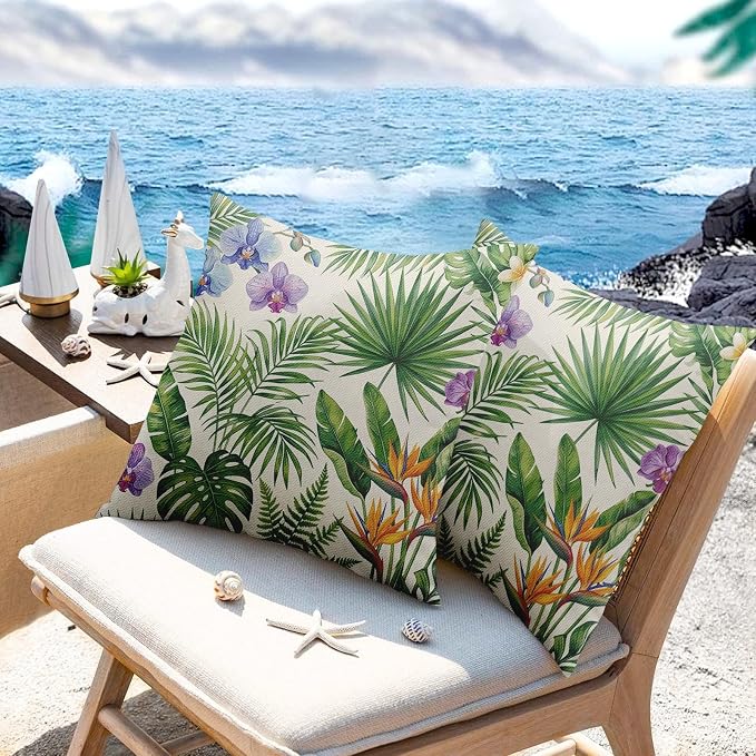 Throw Pillow Covers, Tropical Floral, 18 x 18 Inch, Set of 2 | Botanical Hawaiian Outdoor Waterproof Pillowcase Square Cushion Case Farmhouse Garden Decorative for Couch Beach Patio